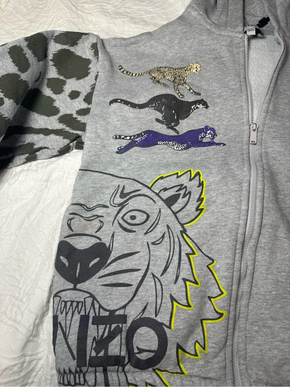 Kenzo Kids Hoodie Size 8 128 Gray Tiger Leopard Animal Print Full Zip